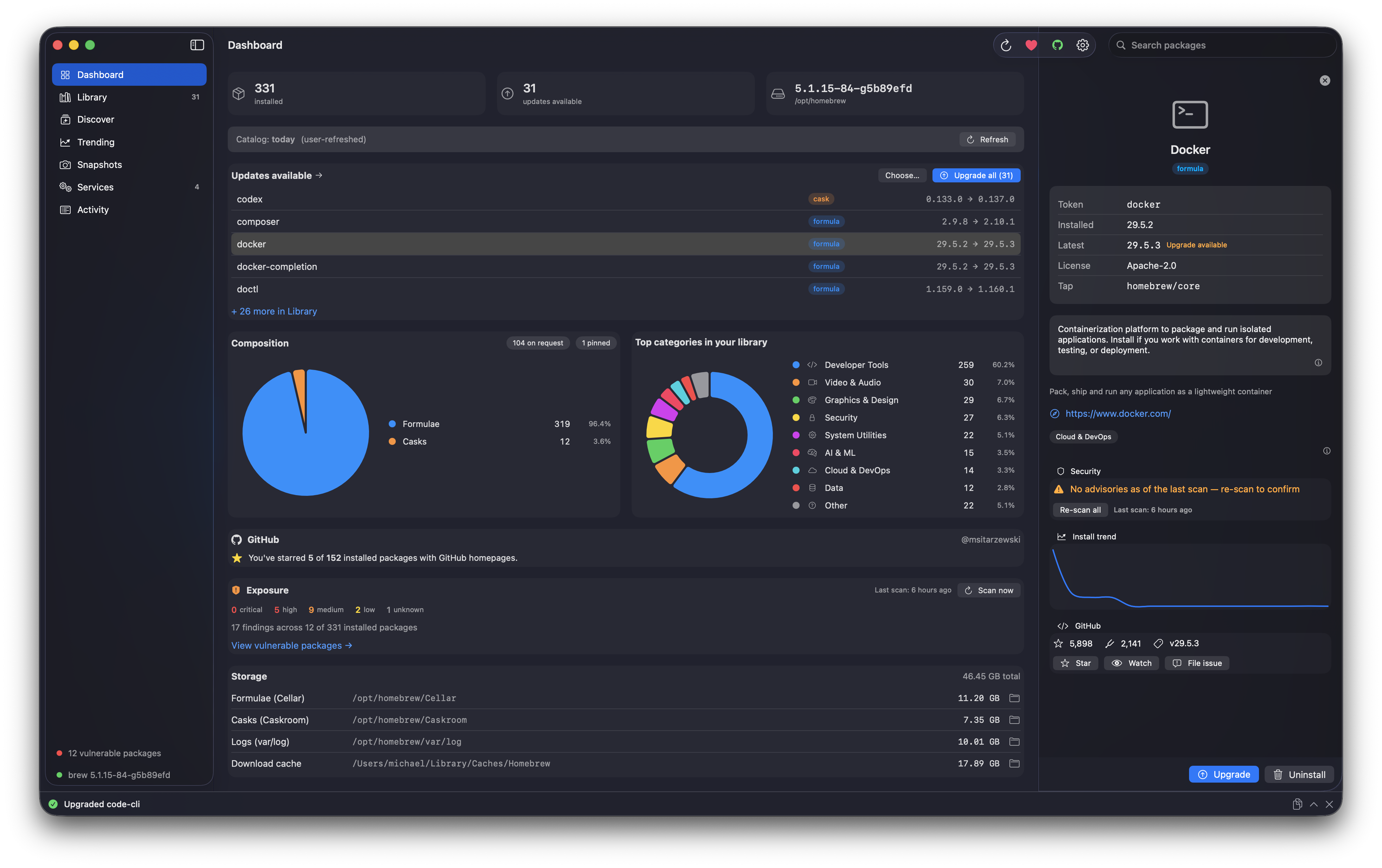 Brew Browser — native Swift/SwiftUI build, Dashboard (dark): the same data in a fully native macOS 26 interface.