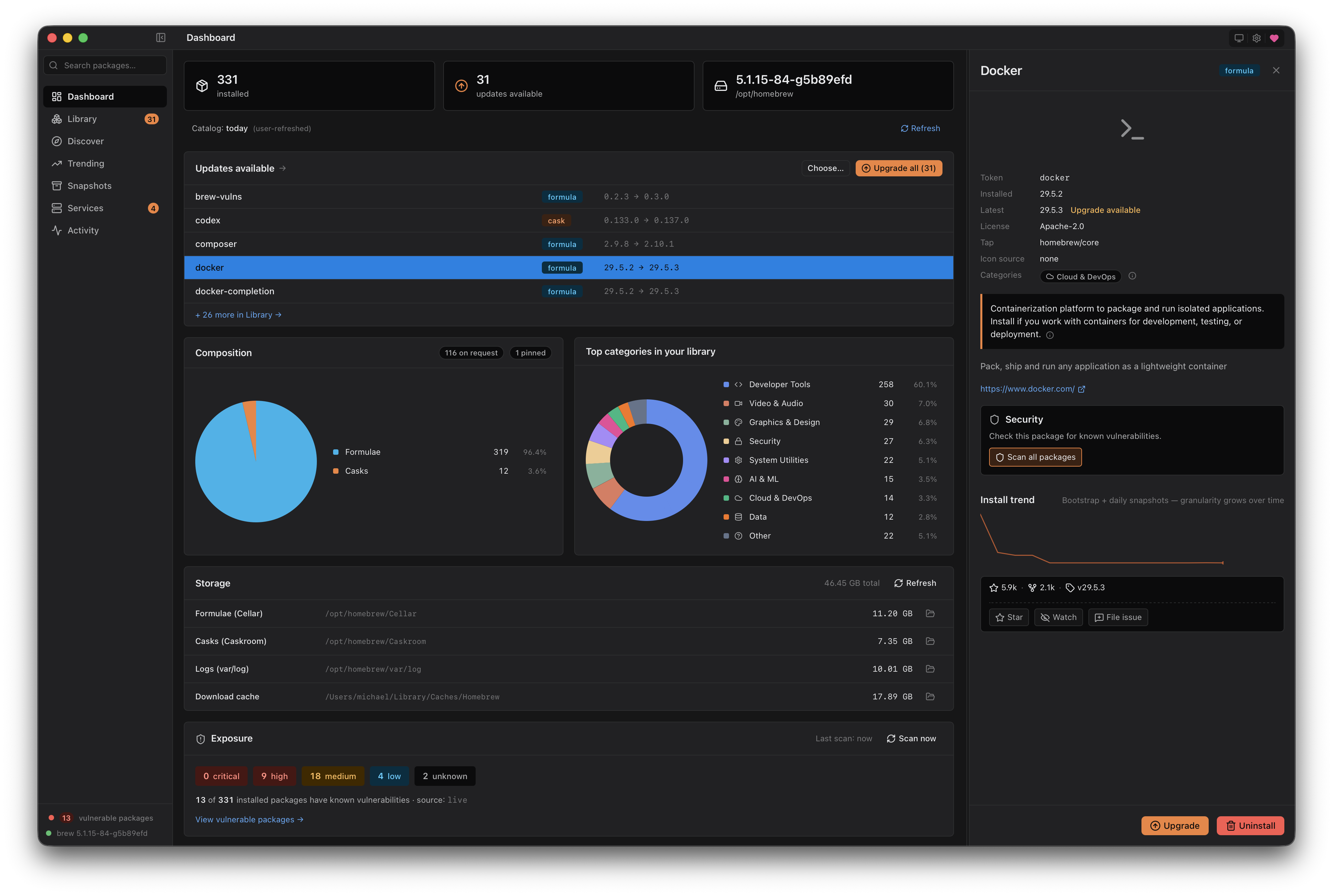 Brew Browser — Tauri build, Dashboard (dark): 331 installed packages, 31 updates available, composition pie, top-categories donut, exposure card, and storage usage.